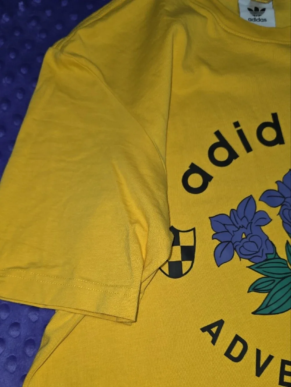 adidas Yellow Tee with Purple Floral and Green Leaf Graphic